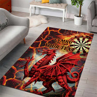 Red dragon and dartboard area rug with central wheel graphic and custom text