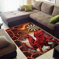 Red dragon area rug with dartboard wheel graphic and personalized message in center