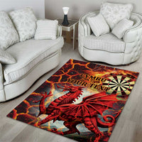 Red dragon and dartboard patterned area rug with custom text near the center