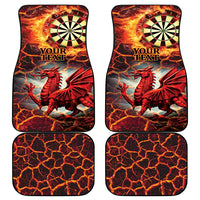 Car floor mat set (4) with red lava pattern, dragon, dartboard, and “YOUR TEXT”