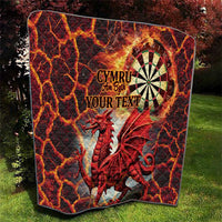 Personalized red quilt with Welsh dragon, dartboard, and custom text centerpiece