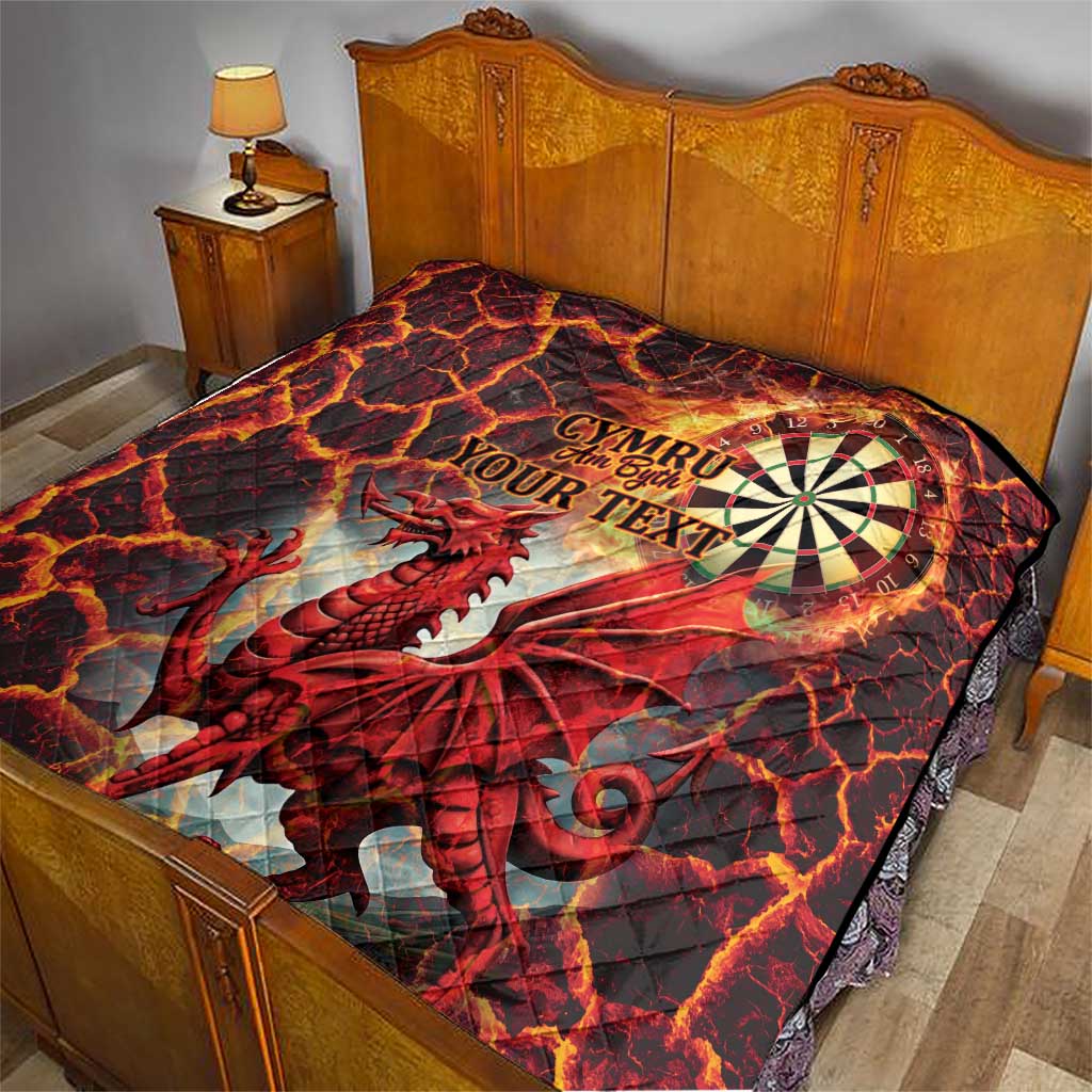 Personalized red quilt featuring a Welsh dragon, dartboard graphic, and custom text