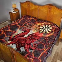 Personalized red quilt featuring a Welsh dragon, dartboard graphic, and custom text