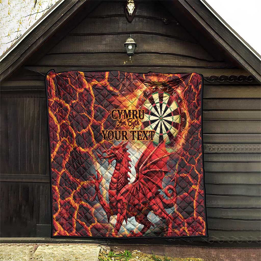 Personalized red quilt with quilted pattern, Welsh dragon, dartboard, and custom text