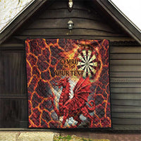 Personalized red quilt with quilted pattern, Welsh dragon, dartboard, and custom text