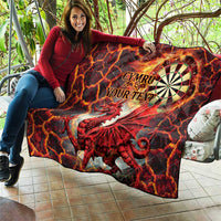 Personalized red quilt draped with Welsh dragon, dartboard graphic, and custom text