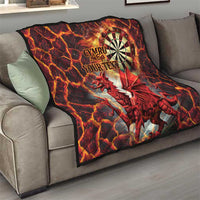 Personalized red quilt with Welsh dragon, dartboard graphic, and custom text on sofa