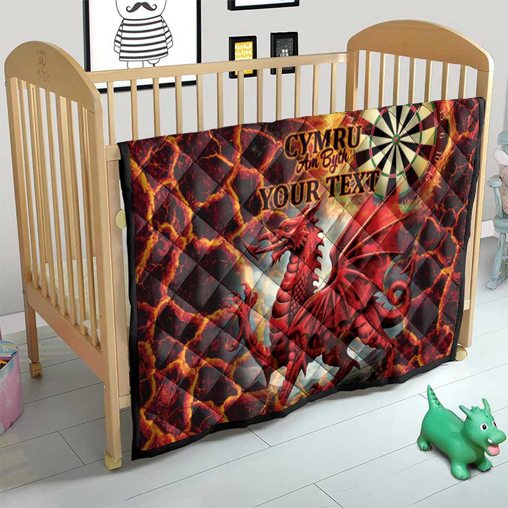 Personalized red baby quilt with Welsh dragon, dartboard graphic, and custom text