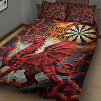 Red Wales dragon quilt bed set with two pillows, dragon artwork and Cymru text