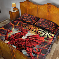 Red Wales dragon quilt bed set with two pillows, dragon design and dart accents