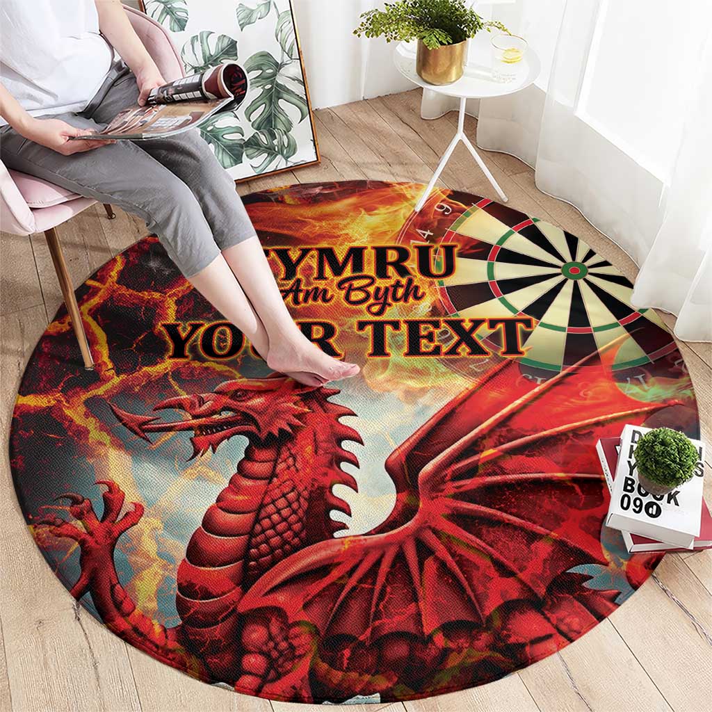 Round red rug featuring Welsh text, red dragon artwork, and dartboard-style wheel