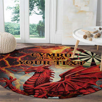Round red rug with dragon and CYMRU Am Byth YOUR TEXT lettering, dart wheel graphic