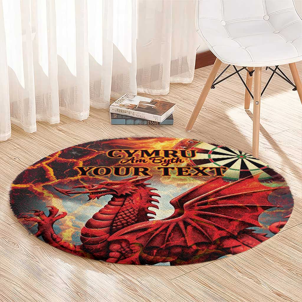 Round red rug with red dragon and bold Welsh lettering CYMRU Am Byth YOUR TEXT