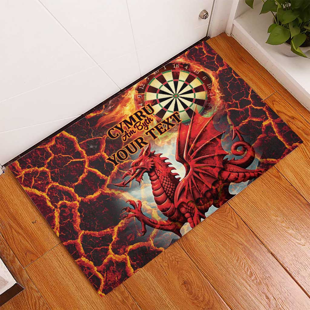 Personalized rubber doormat with red dragon and dartboard graphic, custom name text