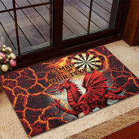 Personalized rubber doormat with red dragon and dartboard graphic, custom text area