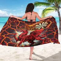 Red personalized darts sarong with dragon and dartboard graphic, back view