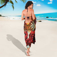Red personalized darts sarong with dartboard and Welsh dragon graphic, back