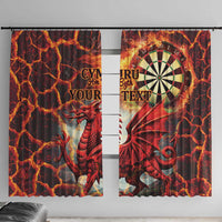 Red and black dragon dartboard window curtains, with “YOUR TEXT” personalization panel set.