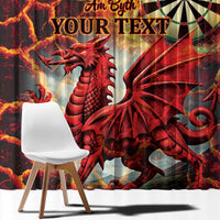 Close-up red dragon dartboard window curtain with large “YOUR TEXT” lettering.