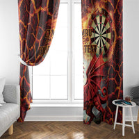 Hanging red and black dragon dartboard window curtains on either side of a white window.