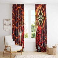 Red and black dragon dartboard window curtains with “YOUR TEXT” on hanging panels.