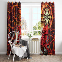 Two red dragon dartboard window curtains with “YOUR TEXT” and dartboard artwork.