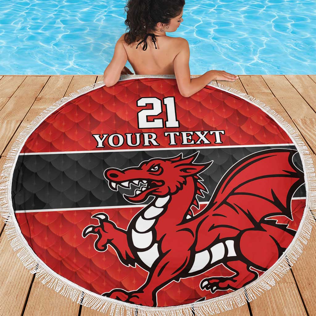 Round red and black dragon beach blanket with white fringe and '21 YOUR TEXT' in circle