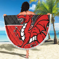 Round red and black dragon beach blanket with white fringe, bold dragon graphic and '21'