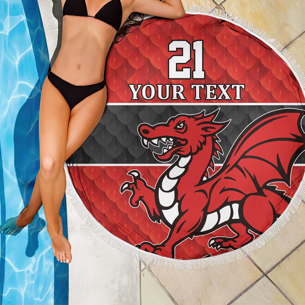 Round red and black dragon beach blanket with white fringe, '21 YOUR TEXT' centered