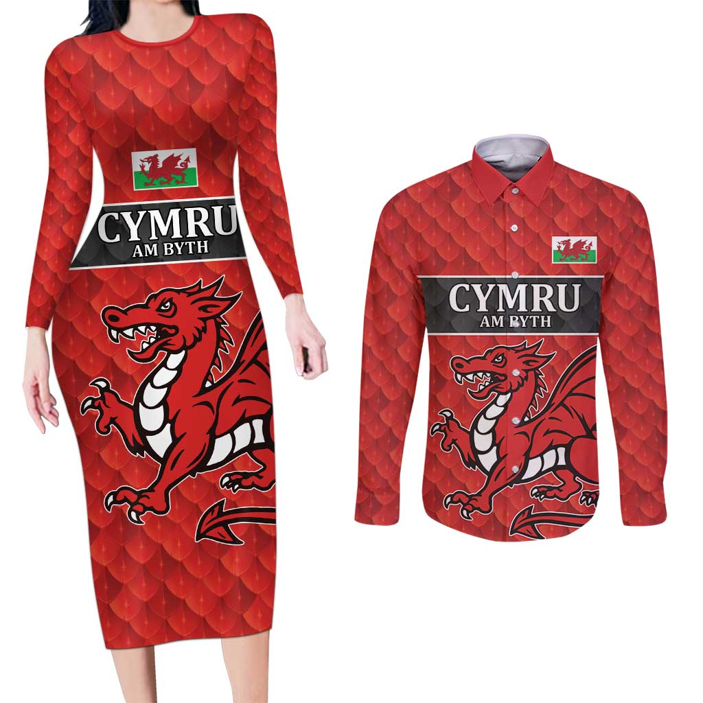 Wales Rugby Custom Couples Matching Long Sleeve Bodycon Dress and Long Sleeve Button Shirt Y Ddraig Goch Ddyry Cychwyn