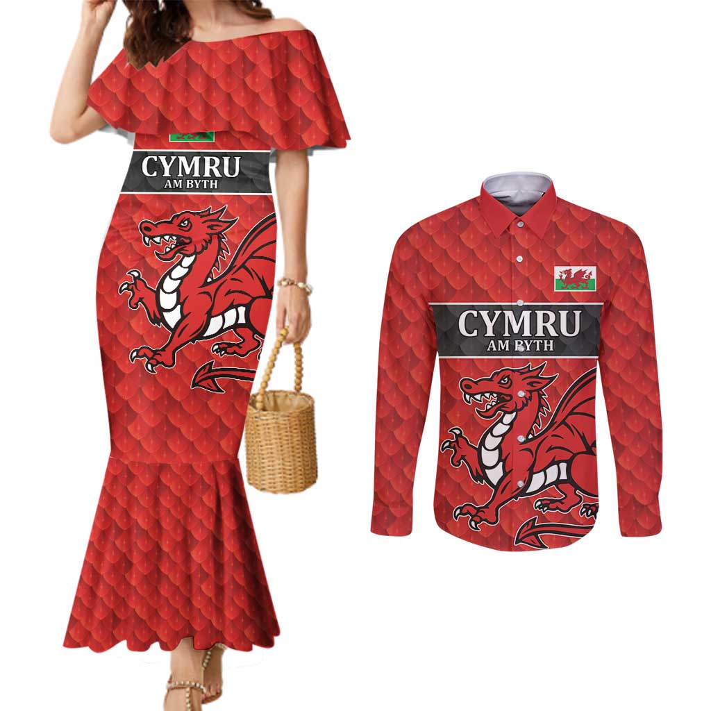 Wales Rugby Custom Couples Matching Mermaid Dress and Long Sleeve Button Shirt Y Ddraig Goch Ddyry Cychwyn