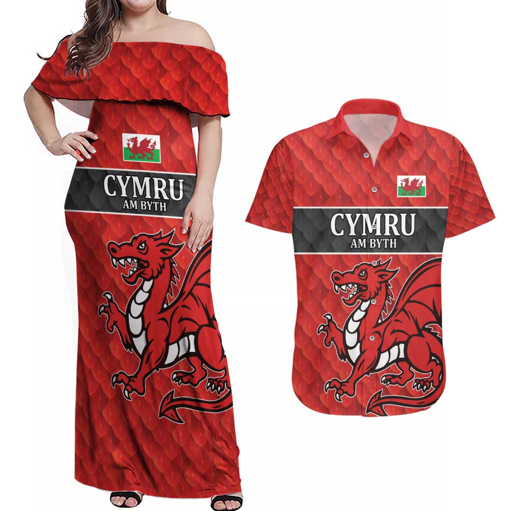 Wales Rugby Custom Couples Matching Off Shoulder Maxi Dress and Hawaiian Shirt Y Ddraig Goch Ddyry Cychwyn