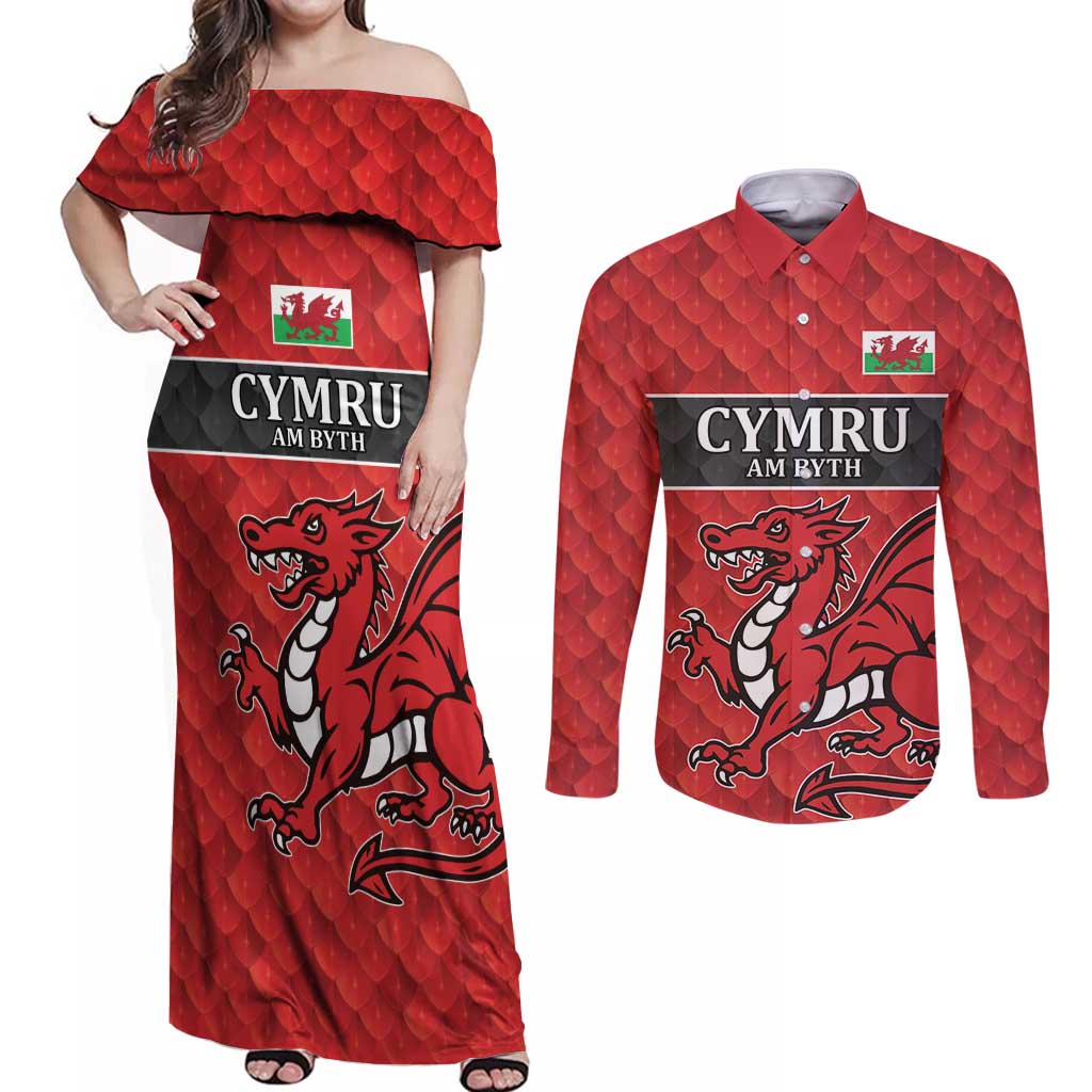 Wales Rugby Custom Couples Matching Off Shoulder Maxi Dress and Long Sleeve Button Shirt Y Ddraig Goch Ddyry Cychwyn