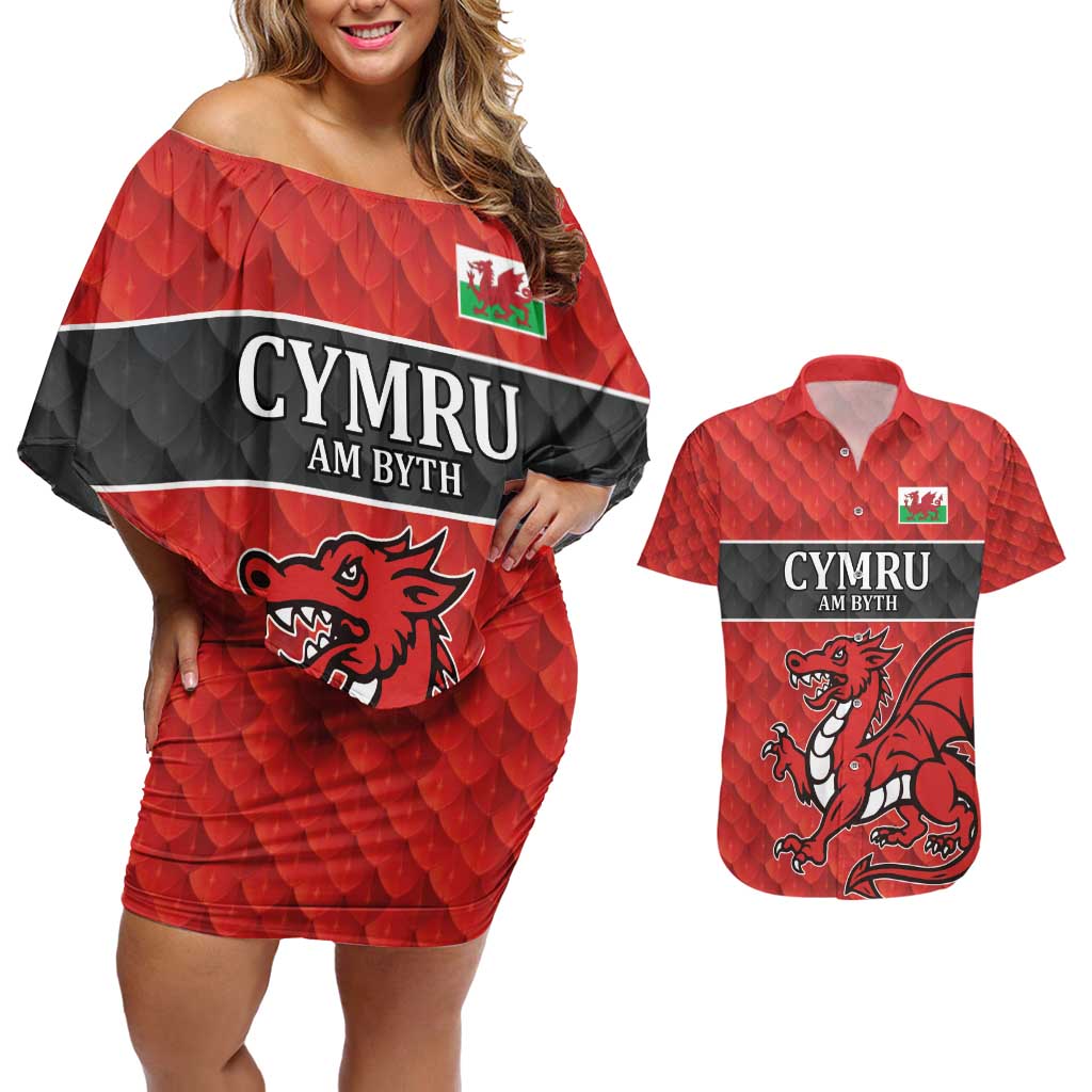 Wales Rugby Custom Couples Matching Off Shoulder Short Dress and Hawaiian Shirt Y Ddraig Goch Ddyry Cychwyn