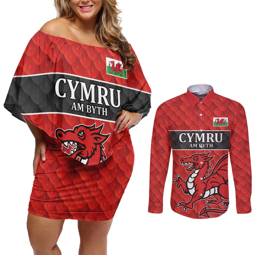 Wales Rugby Custom Couples Matching Off Shoulder Short Dress and Long Sleeve Button Shirt Y Ddraig Goch Ddyry Cychwyn