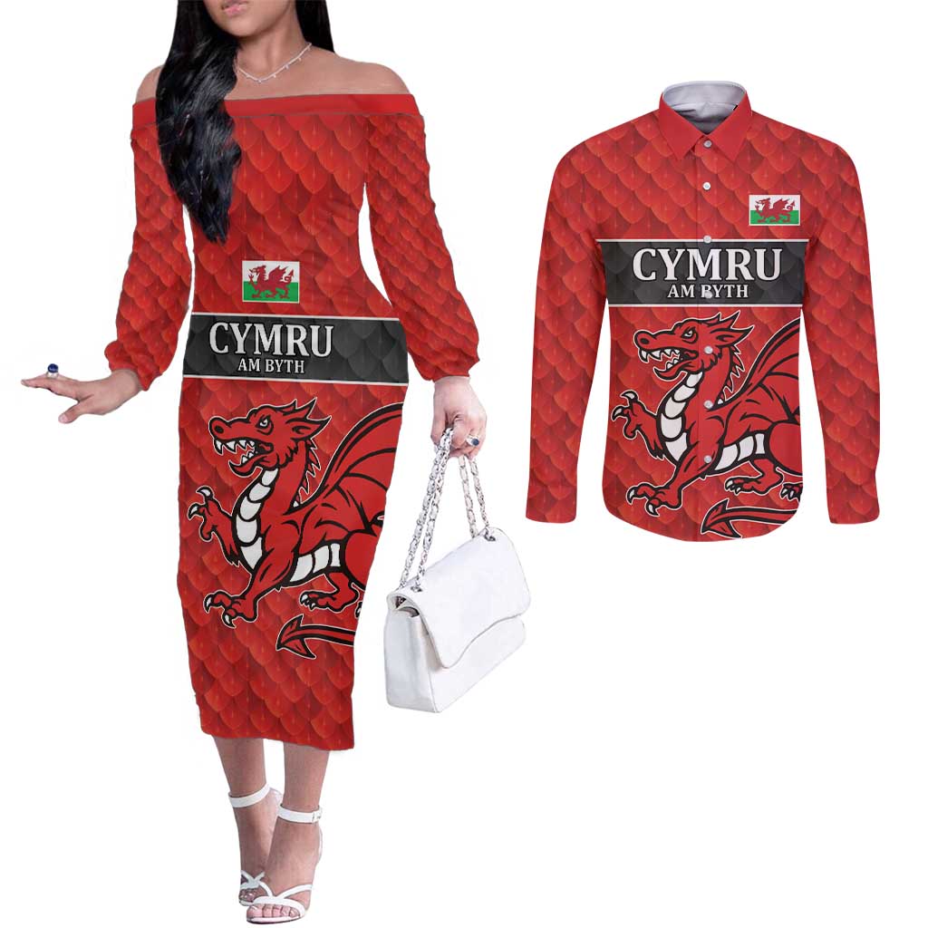 Wales Rugby Custom Couples Matching Off The Shoulder Long Sleeve Dress and Long Sleeve Button Shirt Y Ddraig Goch Ddyry Cychwyn