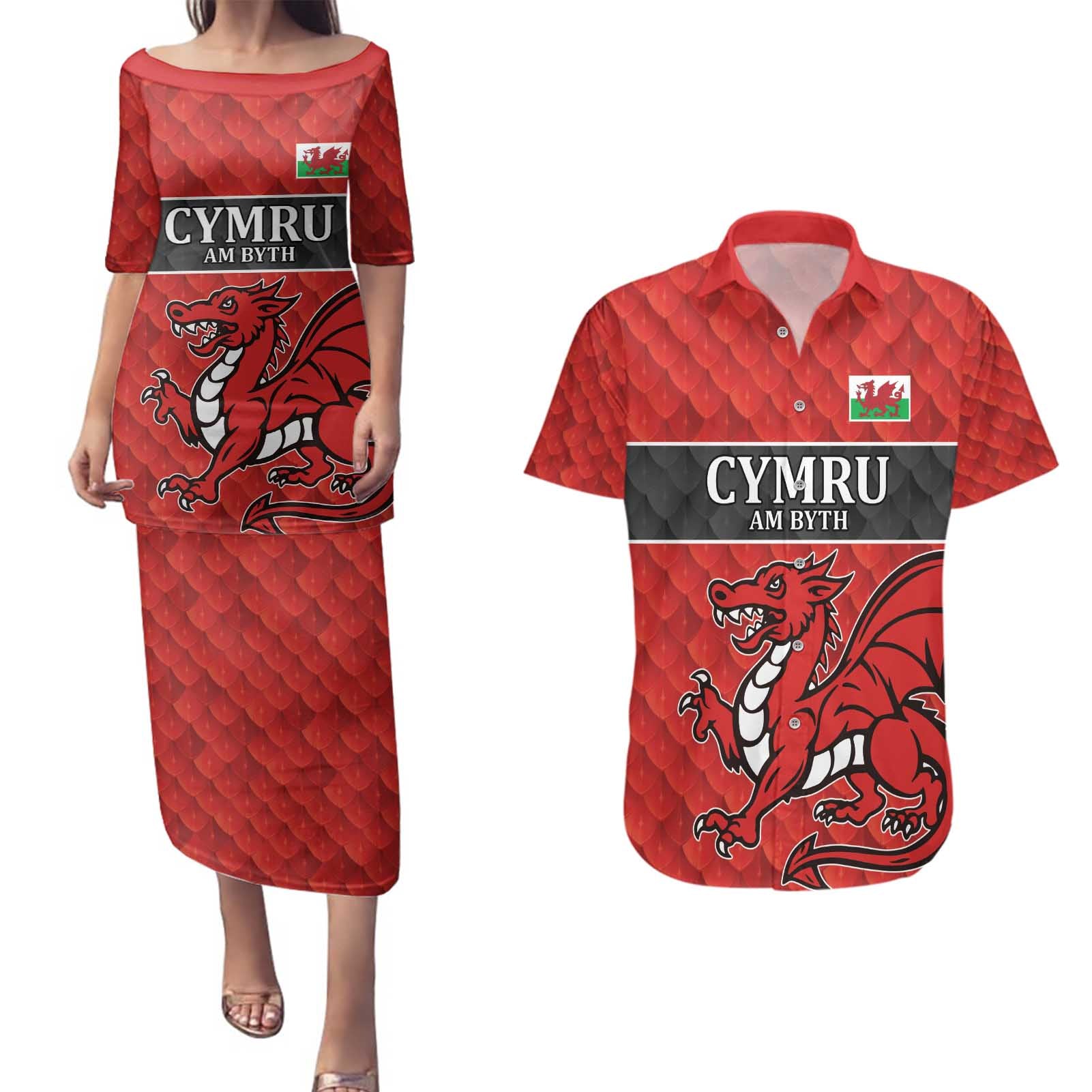 Wales Rugby Custom Couples Matching Puletasi and Hawaiian Shirt Y Ddraig Goch Ddyry Cychwyn