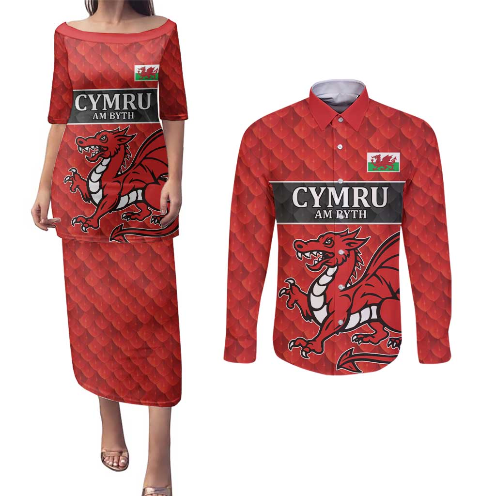 Wales Rugby Custom Couples Matching Puletasi and Long Sleeve Button Shirt Y Ddraig Goch Ddyry Cychwyn