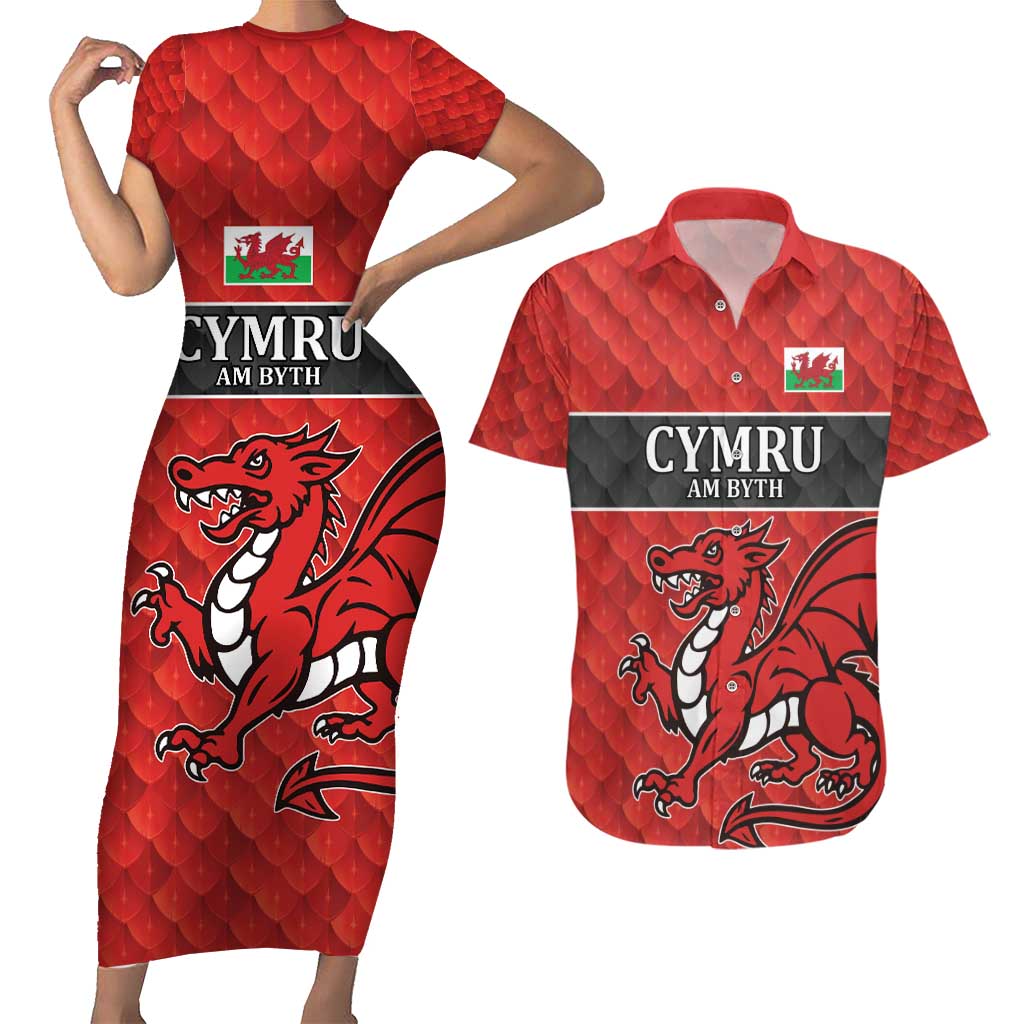 Wales Rugby Custom Couples Matching Short Sleeve Bodycon Dress and Hawaiian Shirt Y Ddraig Goch Ddyry Cychwyn