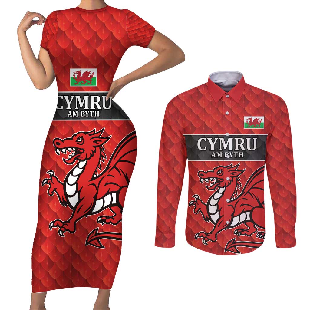 Wales Rugby Custom Couples Matching Short Sleeve Bodycon Dress and Long Sleeve Button Shirt Y Ddraig Goch Ddyry Cychwyn