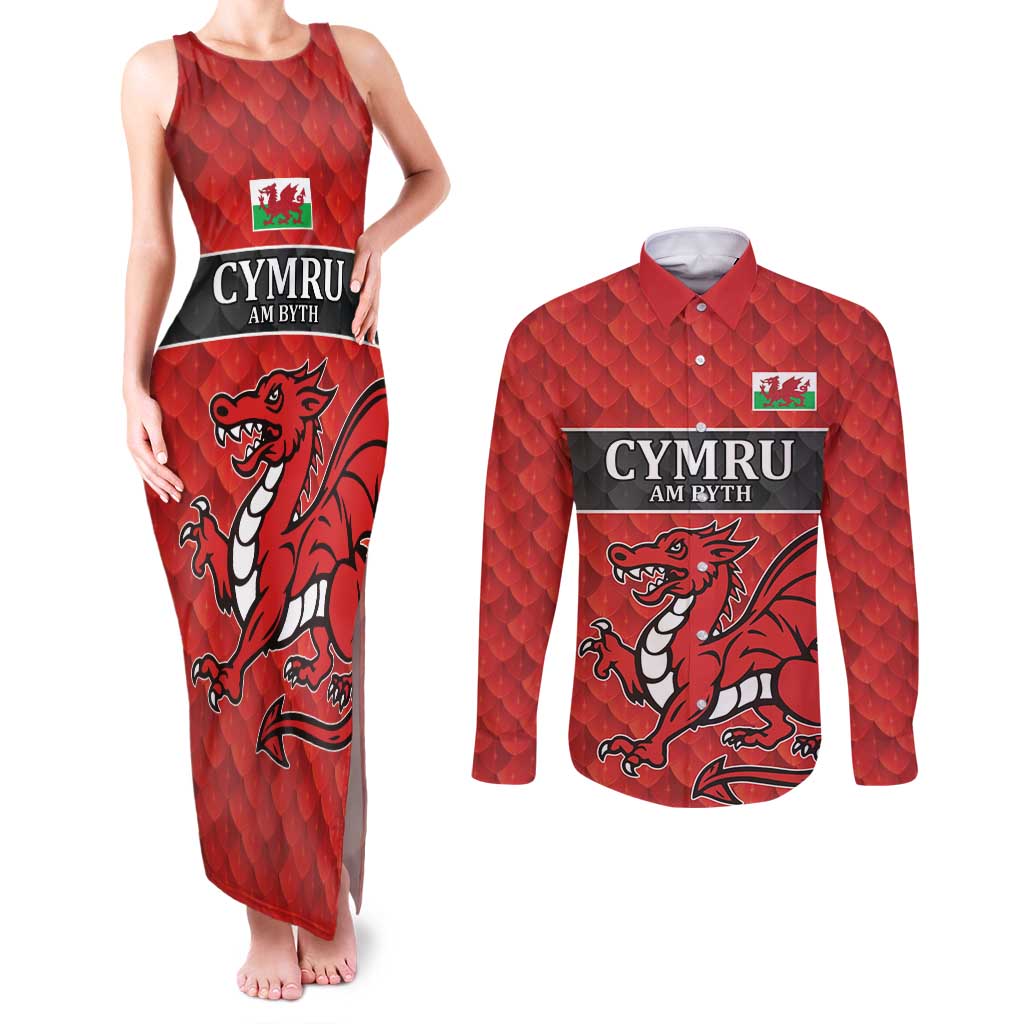 Wales Rugby Custom Couples Matching Tank Maxi Dress and Long Sleeve Button Shirt Y Ddraig Goch Ddyry Cychwyn