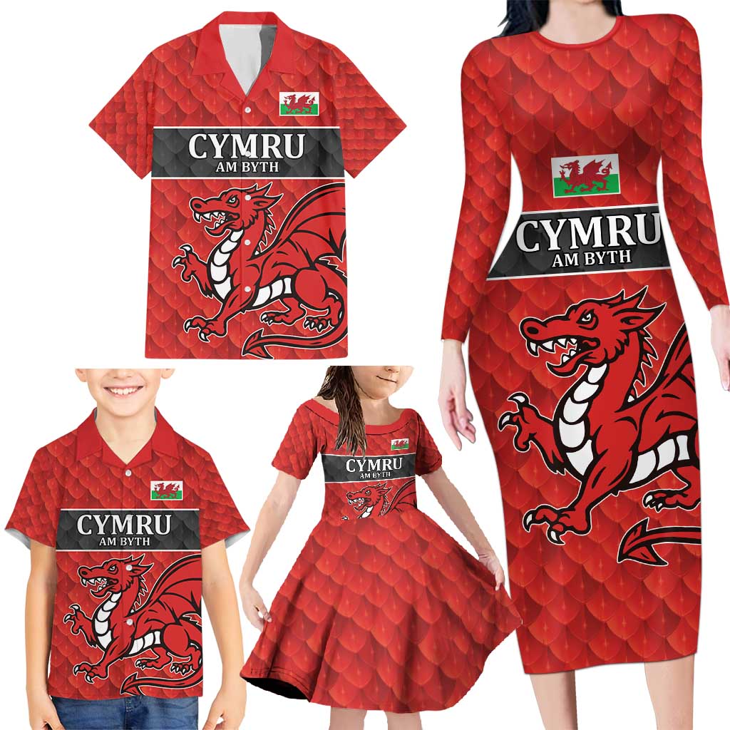 Wales Rugby Custom Family Matching Long Sleeve Bodycon Dress and Hawaiian Shirt Y Ddraig Goch Ddyry Cychwyn