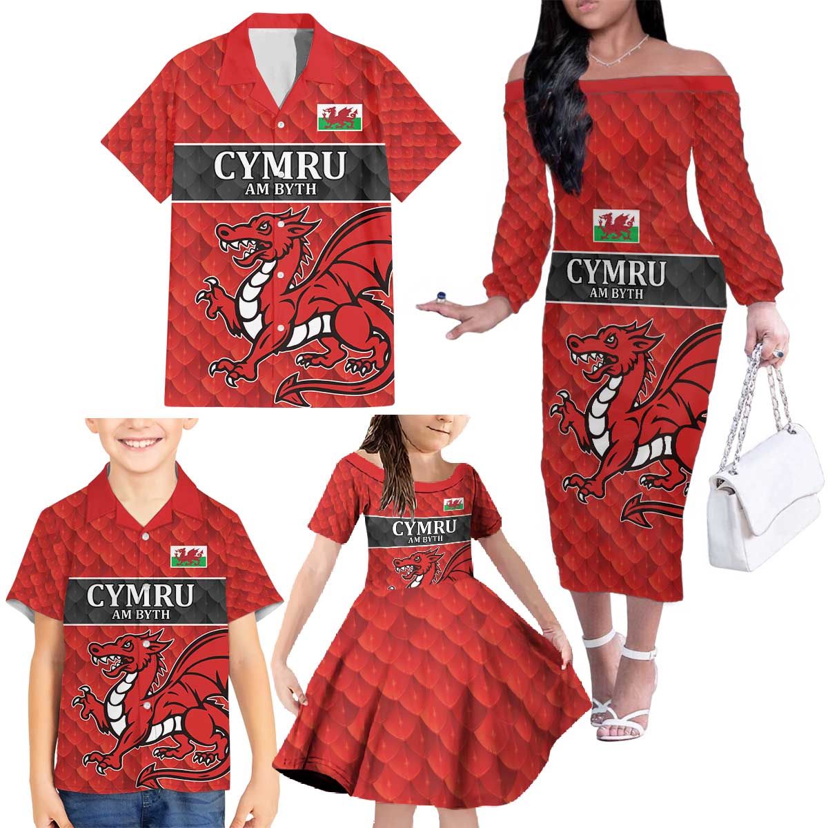 Wales Rugby Custom Family Matching Off The Shoulder Long Sleeve Dress and Hawaiian Shirt Y Ddraig Goch Ddyry Cychwyn