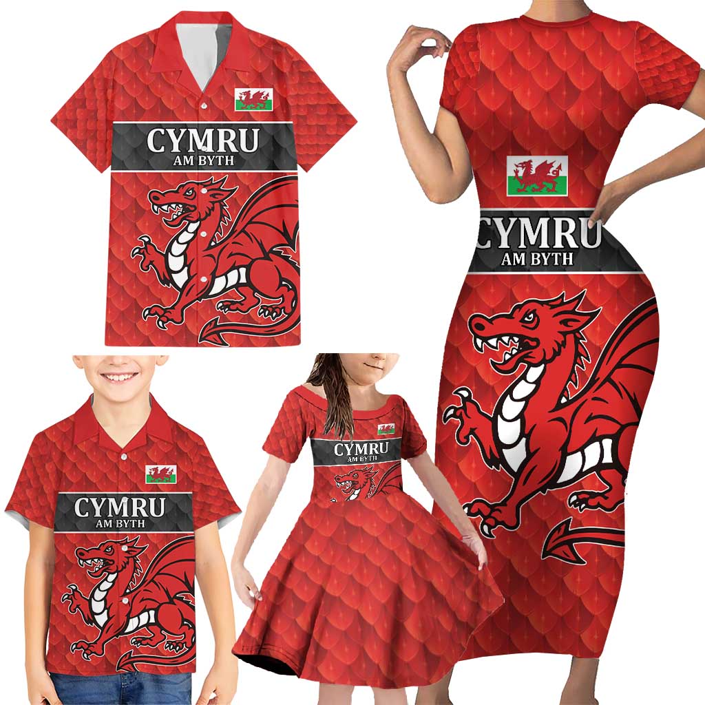 Wales Rugby Custom Family Matching Short Sleeve Bodycon Dress and Hawaiian Shirt Y Ddraig Goch Ddyry Cychwyn