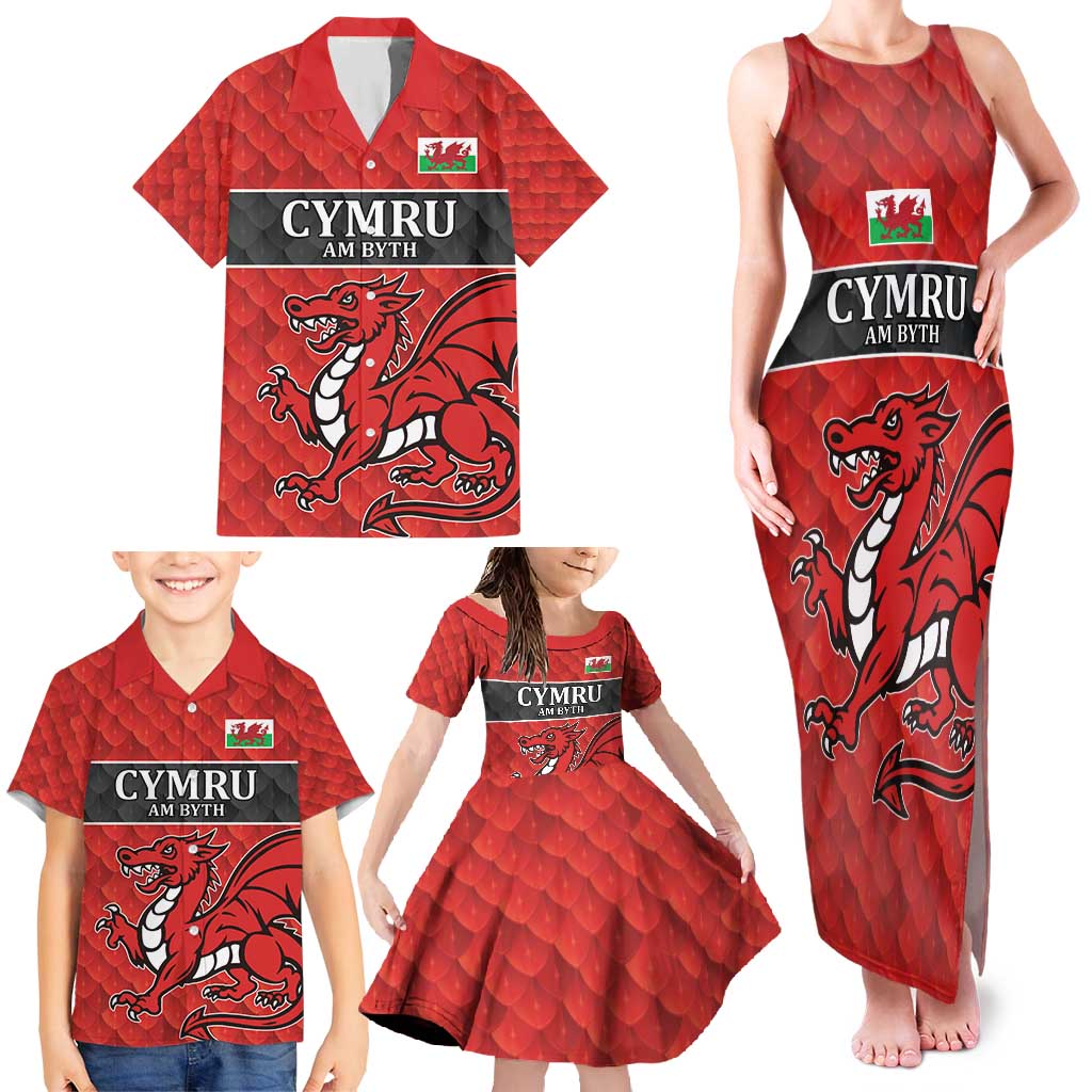 Wales Rugby Custom Family Matching Tank Maxi Dress and Hawaiian Shirt Y Ddraig Goch Ddyry Cychwyn