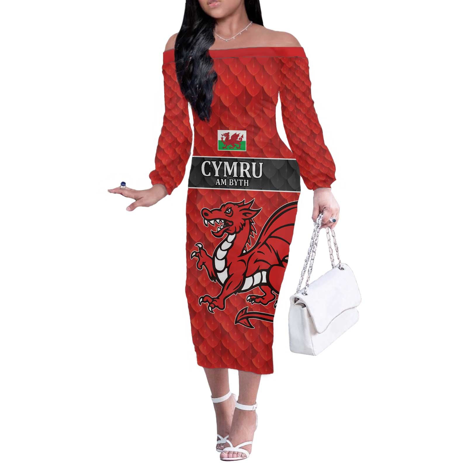 Wales Rugby Custom Off The Shoulder Long Sleeve Dress Y Ddraig Goch Ddyry Cychwyn