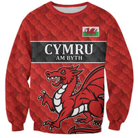 Red unisex sweatshirt with dragon crest graphic, Cymru text panel, crew neck, long sleeves
