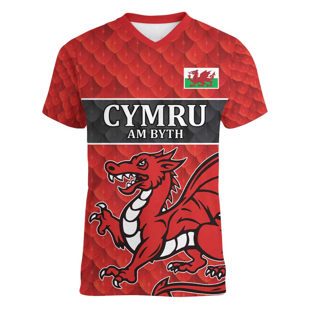 Wales Rugby Custom Women V-Neck T-Shirt Y Ddraig Goch Ddyry Cychwyn