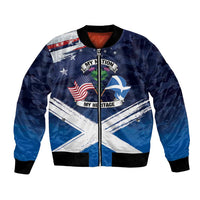 Blue bomber jacket with zip front, ribbed cuffs, and American-Scottish flag graphic on chest