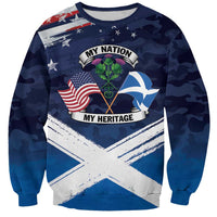 Unisex crewneck sweatshirt, blue camo with USA-Scotland flag graphic front, long sleeves